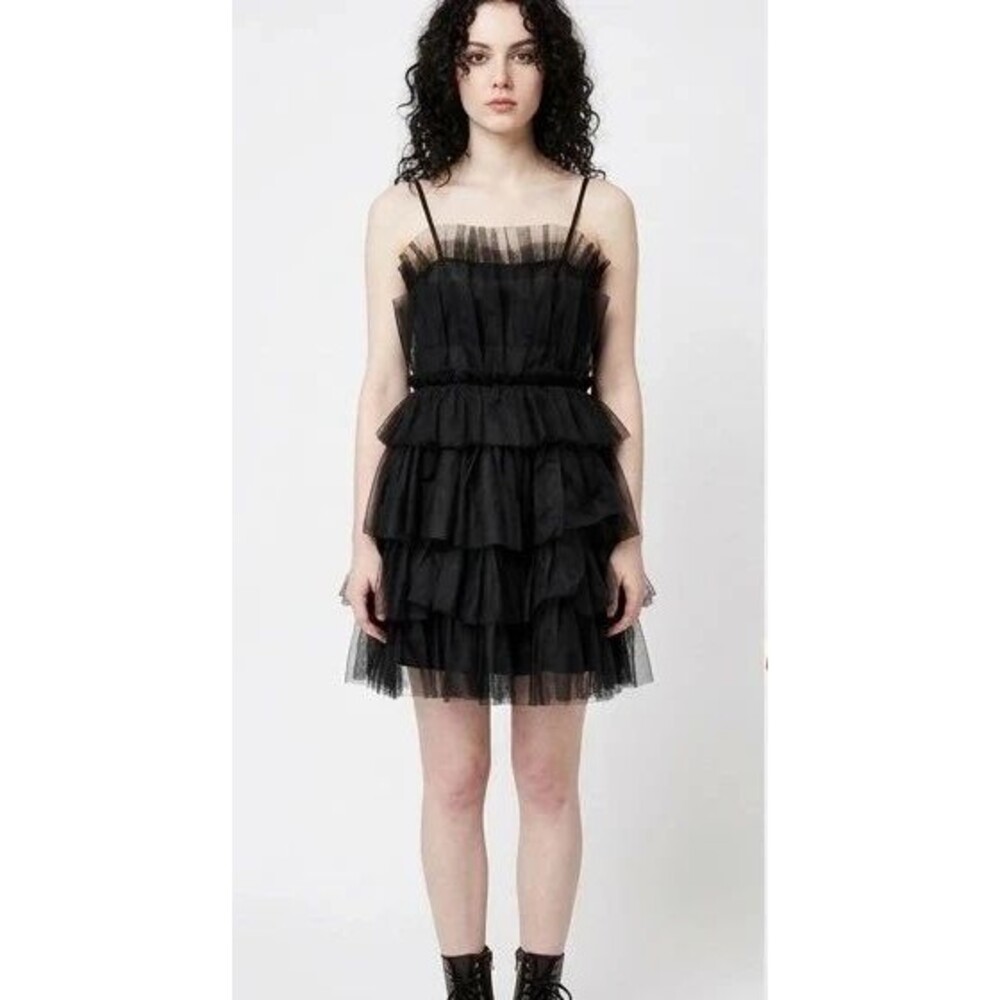 Altar'd State Black Tulle Tiered Ruffle Mini Dress Strappy Goth Grunge S
